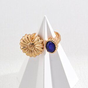 🌼 Artisan Original Daisy & Lapis Lazuli Bypass Ring | S925 Gold Adjustable